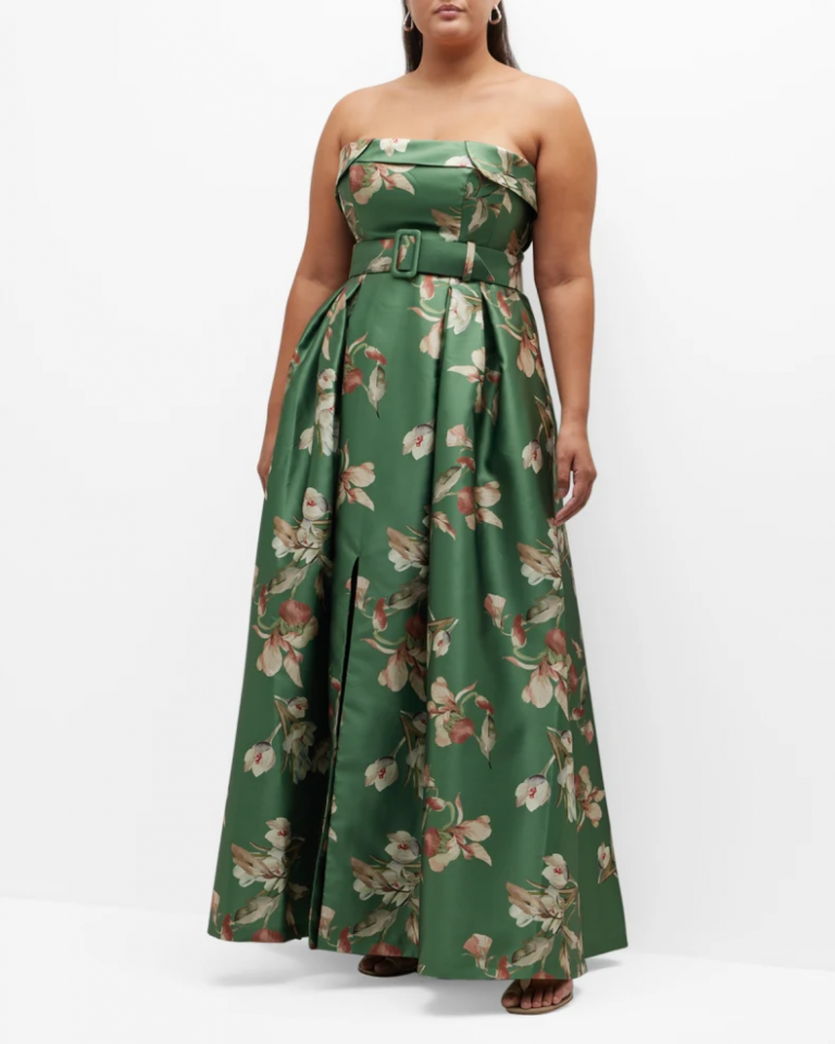 Neiman Marcus Plus Size Brielle Strapless Floral-Print Gown